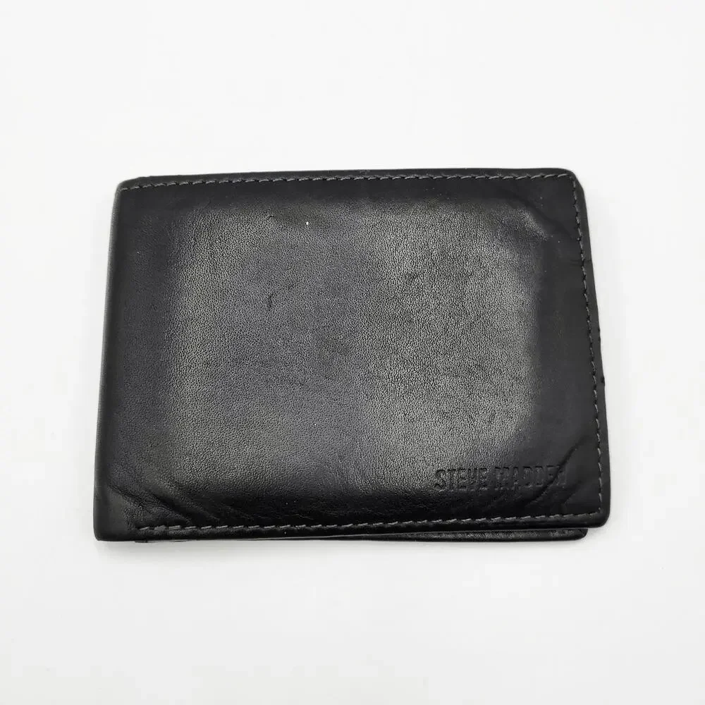 Steve Madden Black Genuine Leather Classic Bifold Men's Wallet Stitched Detail